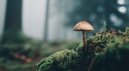 A solitary mushroom emerges from a bed of vibrant green moss, set against a softly blurred backdrop of a misty forest.  The scene evokes a sense of quietude and natural beauty