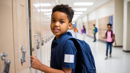 Young boy with backpack is opening a school locker in a brightly lit hallway, surrounded by other students, capturing the essence of school life and youthful exploration
