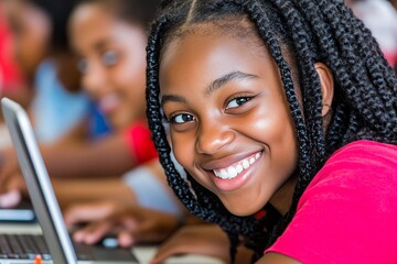 Smiling girl engaged in computer activity in classroom filled with students during a learning session