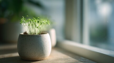 Small sprouts in a speckled, off-white pot sit on a windowsill, bathed in soft sunlight.  The background is blurred, focusing attention on the delicate new growth