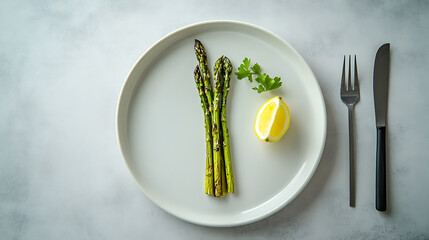 Asparagus with lemon slice and parsley on a white plate, accompanied by fork and knife