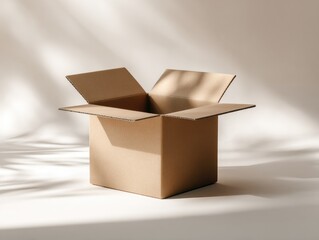 An open, empty cardboard box sits on a light-colored surface, illuminated by soft, dappled sunlight casting shadows