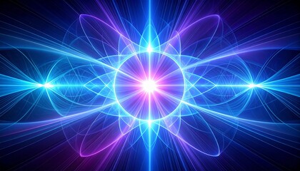 Glowing abstract energy burst with radiant light waves and atomic structure design in blue and purple, futuristic science background