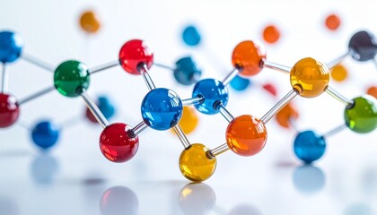 Colorful molecular model structure representing atoms and chemical bonds on white background, science and education concept