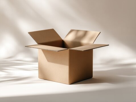 An open, empty cardboard box sits on a light-colored surface, illuminated by soft, dappled sunlight casting shadows