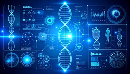 Futuristic digital interface with glowing DNA helix and biotechnology data elements, genetic science and medical technology concept