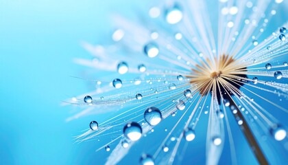 Close-up of dandelion seed head with water droplets on blue background, macro nature photography with dew drops
