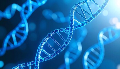 3D illustration of DNA double helix strands in blue light, genetic science and biotechnology concept background