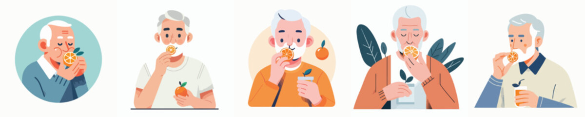 vector of a grandfather eating an orange