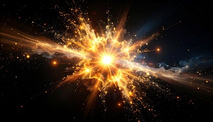 Explosive burst of golden energy with glowing particles and smoke on dark space background, abstract cosmic explosion