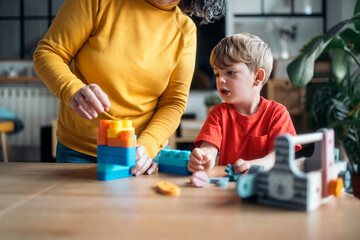 Grandmother and grandson building with blocks at home