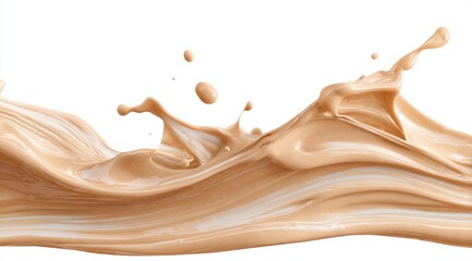 A beige liquid, possibly a cosmetic product, creates a dynamic splash against a stark white background, showcasing its creamy texture and fluidity through a wave-like pattern and smaller droplets