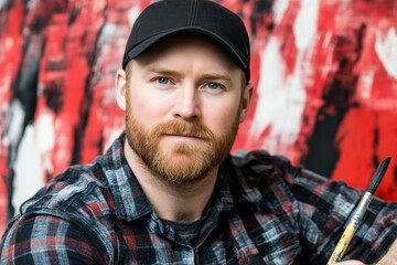 Artist poses confidently against vibrant abstract background while holding paintbrush and showcasing his creative spirit