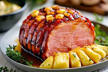 A beautifully glazed ham garnished with pineapple slices and fresh herbs.