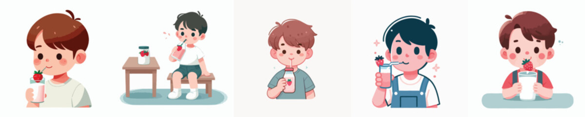 vector of a litte boy drinking strawberry milk