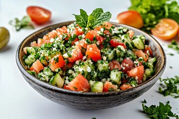 Fresh and vibrant tabbouleh salad with tomatoes and cucumbers.