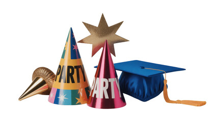 Colorful party hats featuring party text, a shiny gold eight pointed star, a gold noisemaker, and a blue graduation mortarboard with a gold tassel create a festive graduation celebration