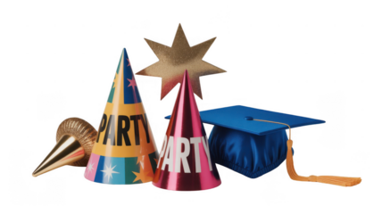 Colorful party hats featuring party text, a shiny gold eight pointed star, a gold noisemaker, and a blue graduation mortarboard with a gold tassel create a festive graduation celebration