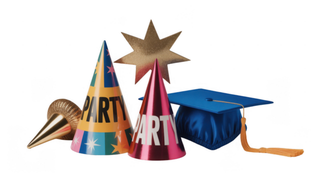 Colorful party hats featuring party text, a shiny gold eight pointed star, a gold noisemaker, and a blue graduation mortarboard with a gold tassel create a festive graduation celebration