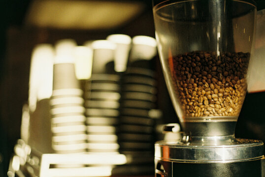 Close-Up of Coffee Beans in a Grinder
