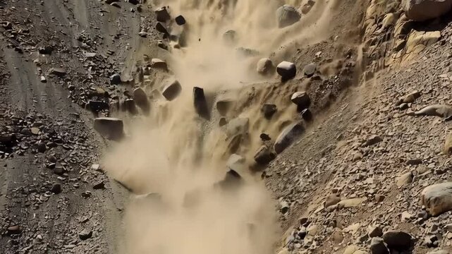 A large rock falling off a mountain side as a car drives down a rocky road.