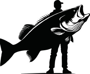fisherman hold big fish silhouette illustration on white background