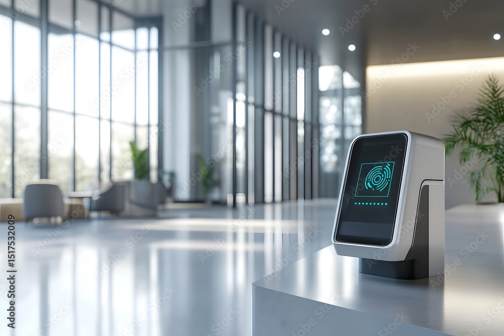 Poster biometric scanner authenticating access in a modern office lobby