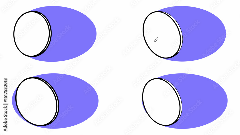 Poster vector set of circular shapes with varying orientations and outlines, creating dynamic visual effect