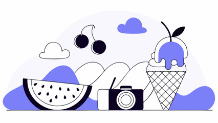Fototapeta premium Vector vibrant and colorful scene of ice cream, fruit, and camera evokes joy and summer fun