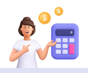 Young smiling woman Jane pointing to big calculator. Business, finance, accounting, tax and budget planning concept. 3d vector people character illustration. Cartoon minimal style.