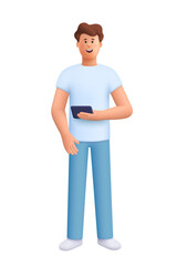 Young smiling man James standing and holding smartphone. 3d vector people character. Cartoon minimal style.