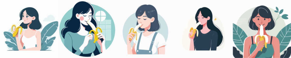 vector of a woman eating a banana