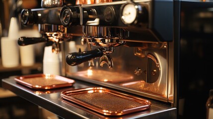 Crafting the Perfect Espresso A gleaming espresso machine awaits promising rich flavors and cafe