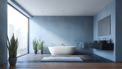 Light-filled modern bathroom with city view