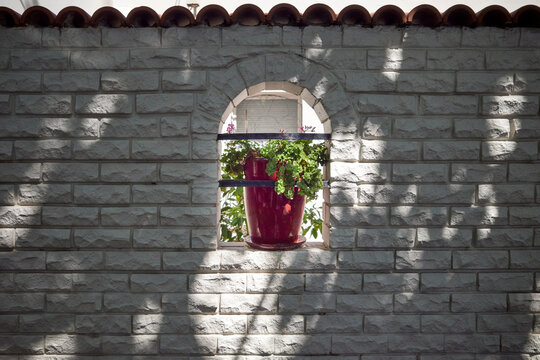 Fototapeta Brick Wall with Arched Window and Red Planter