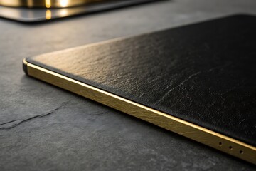 Matte Black Product Surface with Elegant Golden Border and Realistic Stone Background
