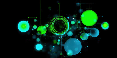 Geometric Abstract Circles and Squares in Bright Neon Green and Blue on a Black Background A bold and modern abstract