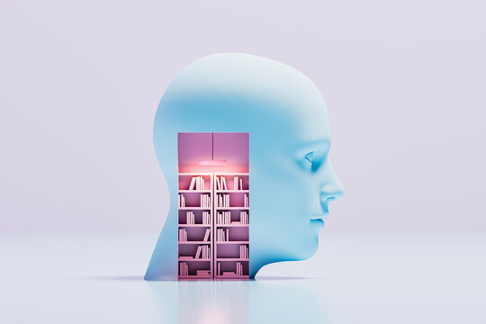 Concept of learning represented by abstract human head with books