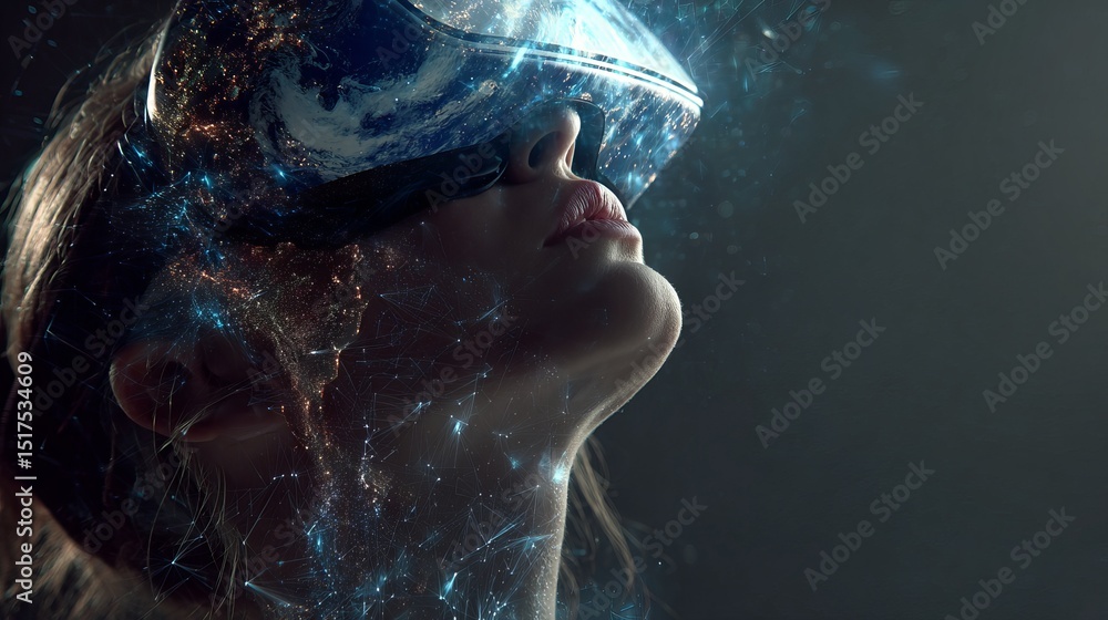 Aufkleber woman experiencing immersive virtual reality headset technology futuristic digital world global netw