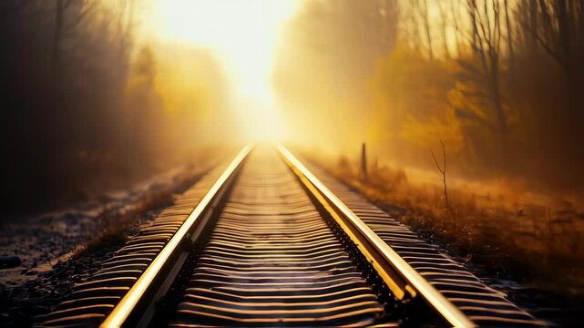 Experience the golden hour on train tracks, a journey through vibrant morning light