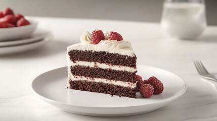 Slice of Chocolate Layer Cake with Whipped Cream and Raspberries