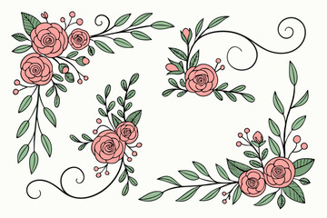 Hand drawn floral corner designs with roses