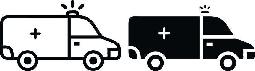 Flat Ambulance Icon – Side View Silhouette Vector with Plus Sign and Detailed Wheels
