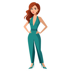 Fototapeta premium Stylish Redheaded Woman in a Teal Jumpsuit with High Heels Fashion Illustration 