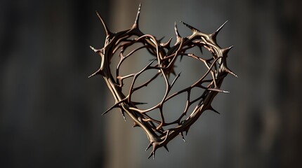 Heart shaped made of thorns on a dark background.