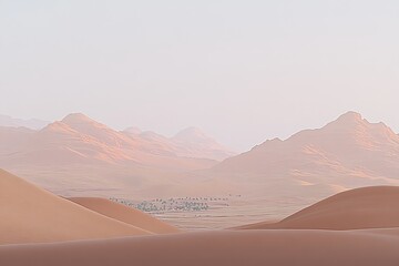 Desert landscape featuring rolling sand dunes and distant mountains during sunset hours