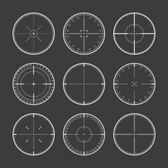 Various sniper rifle sights with degree scale, weapon optical scope crosshair. Hunting gun viewfinder. Shooting mark symbol, aim. Military target sign. Game interface UI element. Vector illustration
