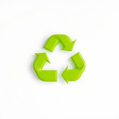 Glossy 3D lime green recycling symbol with curved arrows in a continuous loop on white background.