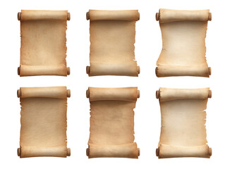 Six Antique Parchment Scrolls on Transparent Background, PNG