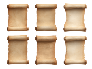 Six Antique Parchment Scrolls on Transparent Background, PNG